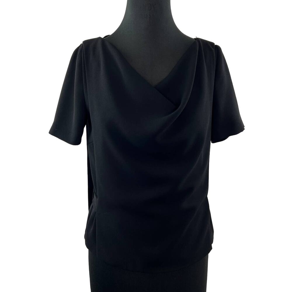 ZAPA Black Ponte Cowl Neck Cape-Back Short Sleeve Blouse Top Cinched Waist 38 S